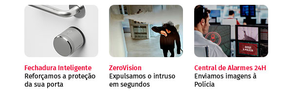 Fechadura Inteligente - Reforçamos a proteção da sua porta; ZeroVision - Expulsamos o intruso em segundos; Central de Alarmes 24H - Enviamos imagens à Polícia