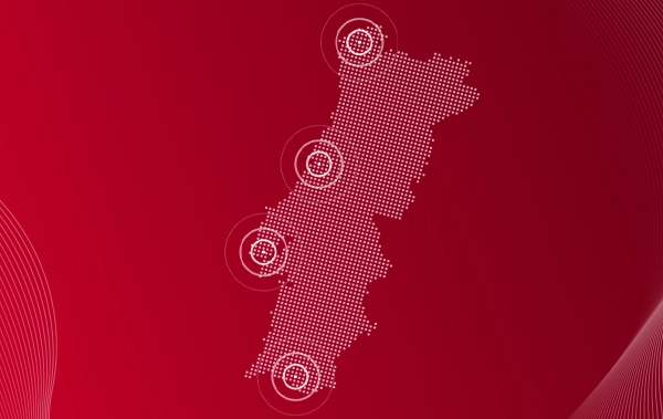 Mapa de portugal illustrado sobre fundo vermelho e a aura da verisure